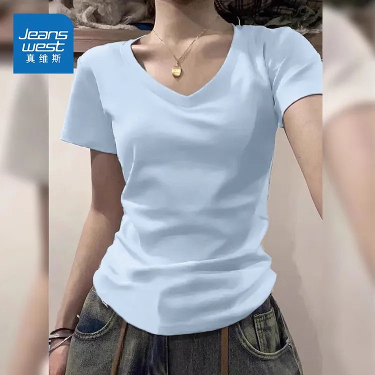 真维斯浅蓝色v领t恤女2025新款设计感上衣夏季抗菌凉感多巴胺穿搭