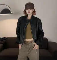 美式复古立领拉链皮衣外套女宽松夹克#8022