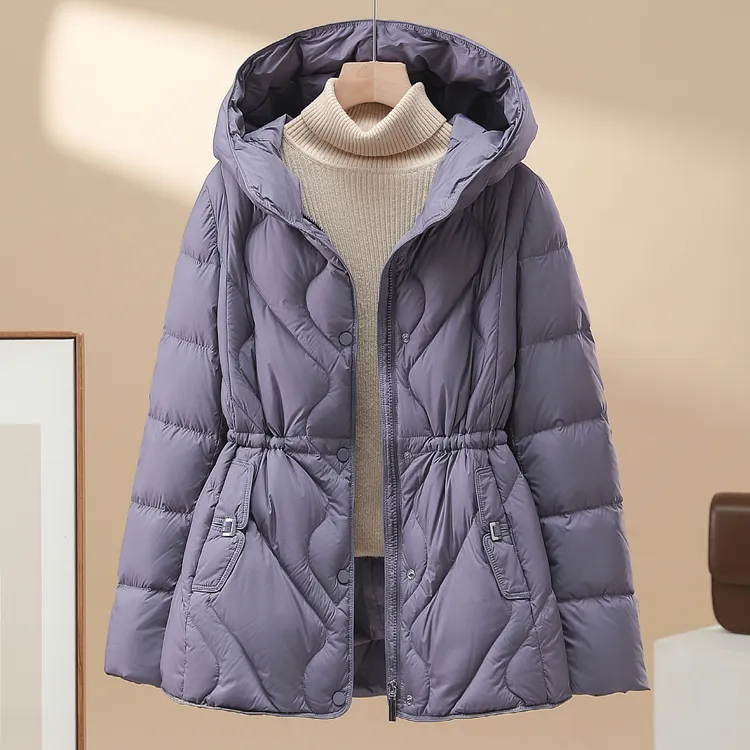 90白鸭绒羽绒服女中长款加厚保暖连帽抽绳收腰显瘦2025新款外套冬