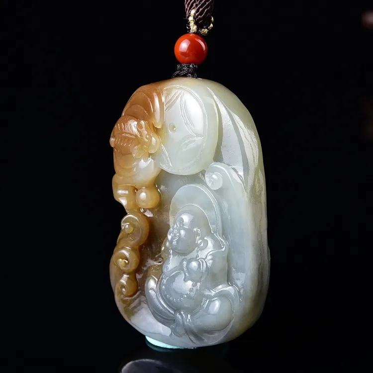 天然新疆和田玉楼兰三色弥勒佛吊坠46.09