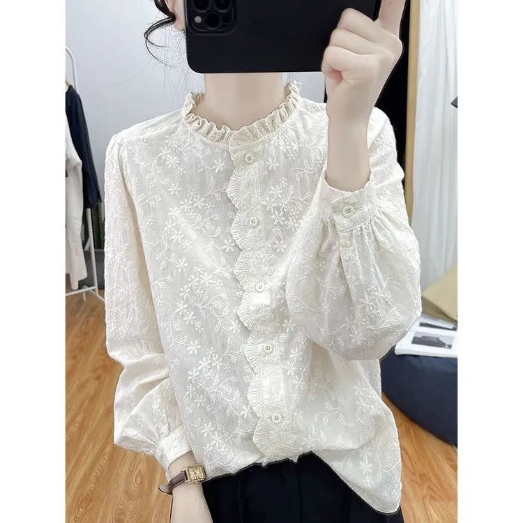 2025春秋季新款衬衣韩版棉质花边领蕾丝刺绣长袖衬衫女高品质上衣