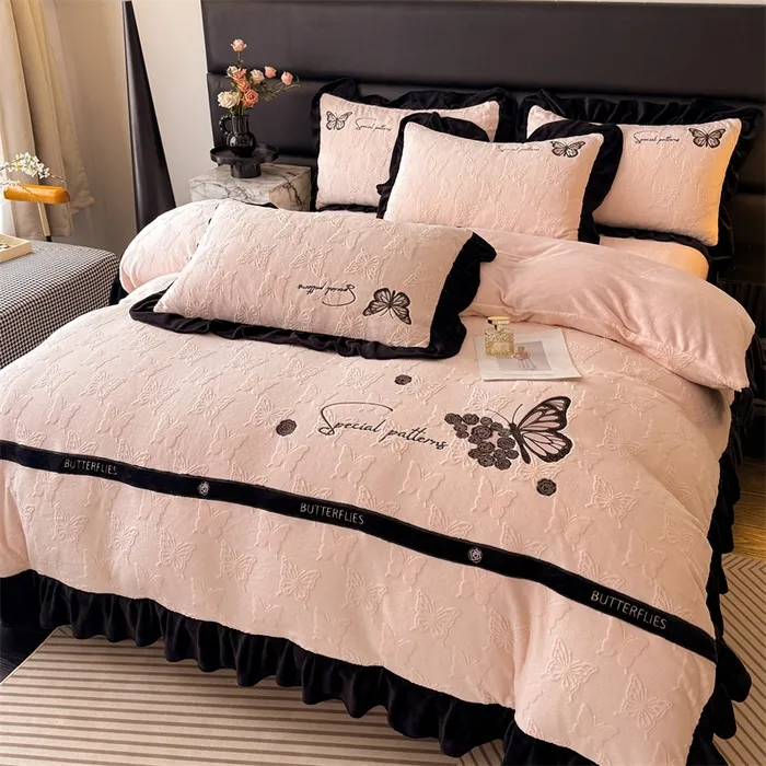 床盖款雕花绒四件套 冬季双面绒加厚加绒床单牛奶绒床上用品