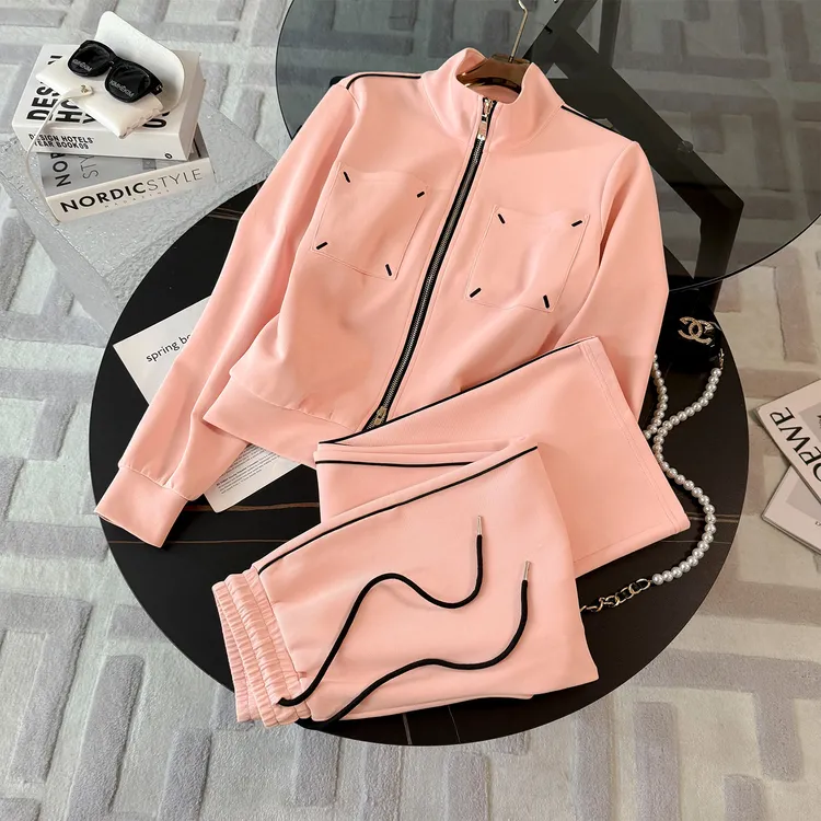 韩版休闲运动套装女早秋新款高级感显瘦立领开衫卫衣阔腿裤两件套