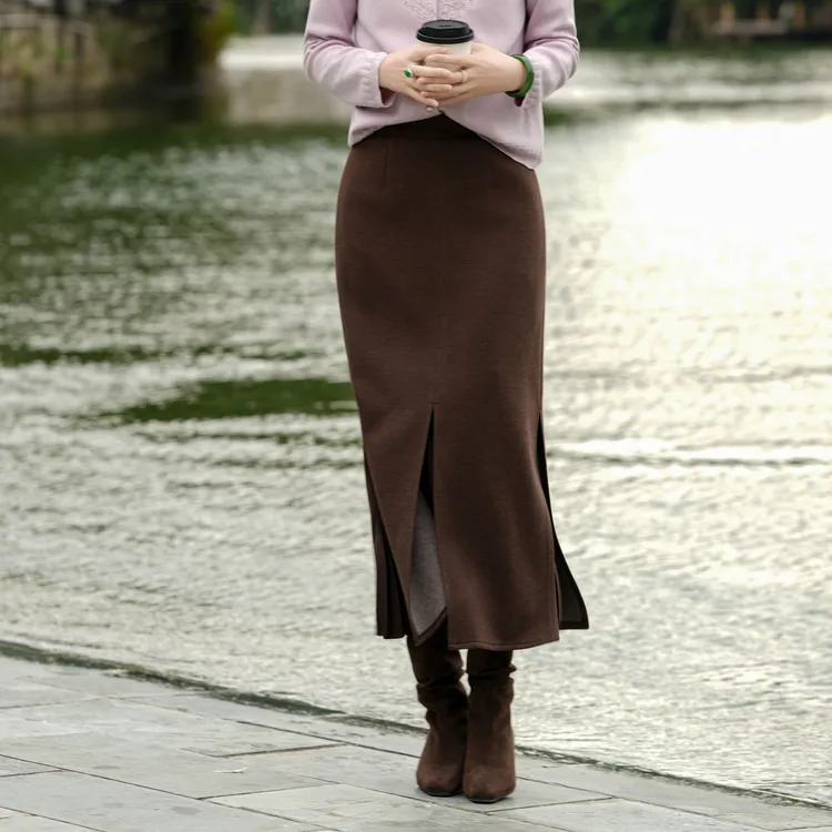 西子/【轻歌】醋酸羊毛呢保暖百搭四面开叉直筒裙/BQTJ0699