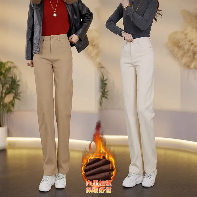 秋冬加绒窄版直筒裤长裤牛仔裤厚款常规休闲风时尚百搭高腰5233R