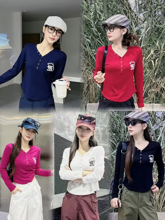 D3912莫代尔长袖V领T恤内搭修身洋气T恤