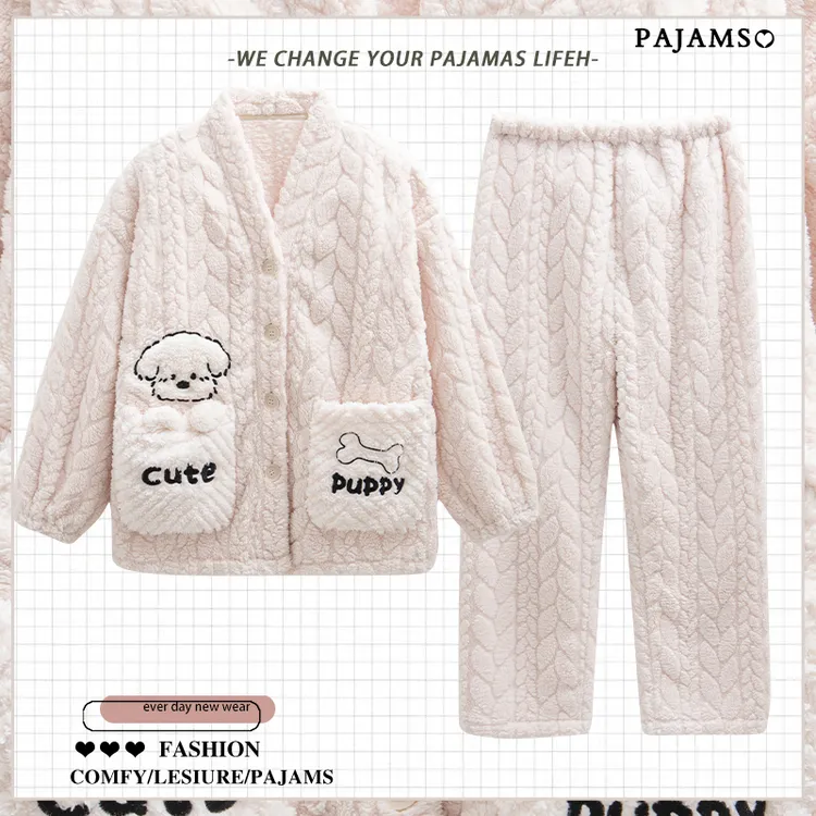 线条小狗睡衣女珊瑚绒加厚法兰绒秋冬季学生保暖外穿家居服套装冬