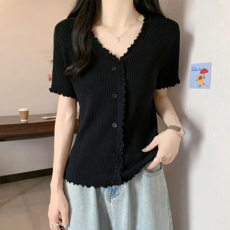 大码夏季时尚木耳边正肩v领短袖t恤女胖妹妹遮肉显瘦薄款针织上衣