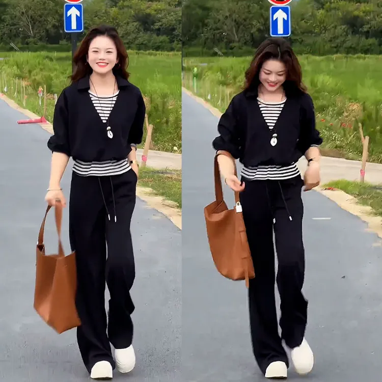 早秋新款设计感时尚韩系穿搭老钱风假两件V领卫衣女休闲裤两件套