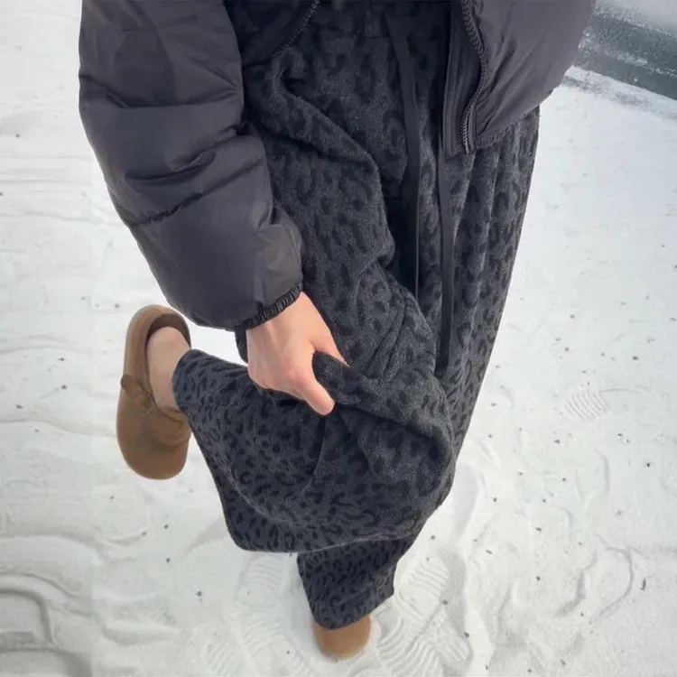加绒加厚复古豹纹阔腿裤女秋冬新款大码胖mm宽松显瘦慵懒休闲长裤