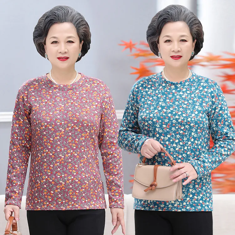 中老年保暖秋衣妈妈加绒打底衫T恤保暖上衣老年人奶奶老太太衣服