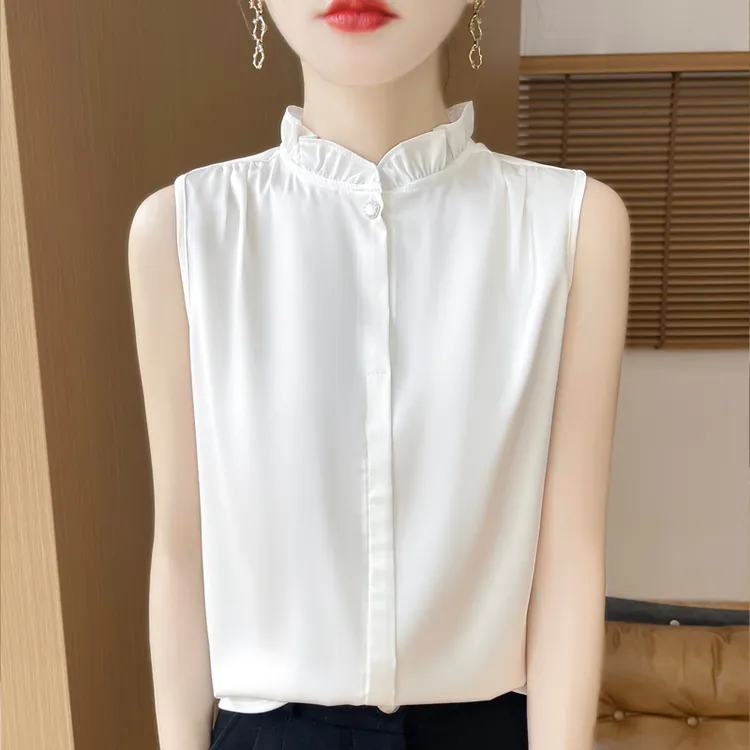 木耳边立领衬衣打底背心高级感缎面无袖衬衫女士春夏新款宽松内搭