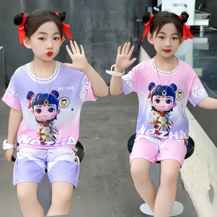 哪吒女童套装夏季新款时尚中大童女童洋气短袖T恤冰丝短裤两件套