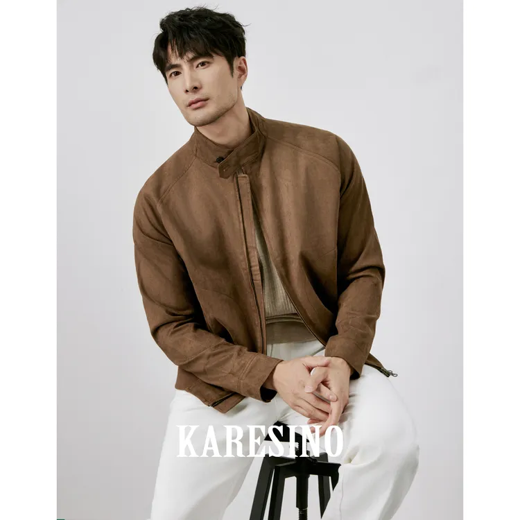 KARESINO男士高端麂皮绒双拉链立领夹克男秋冬美式休闲百搭外套男
