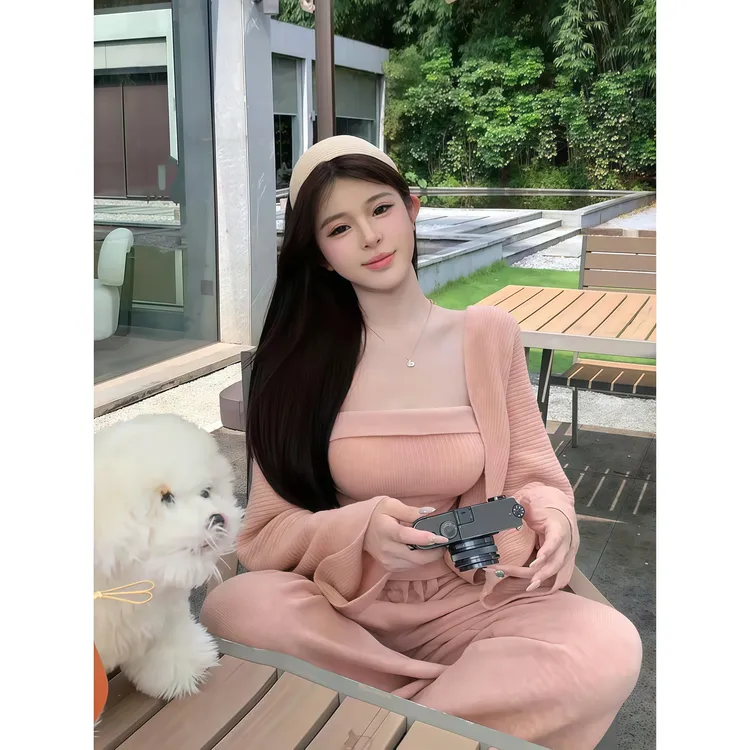 温柔时尚针织开衫外套内搭抹胸背心上衣女秋季高腰阔腿长裤子套装