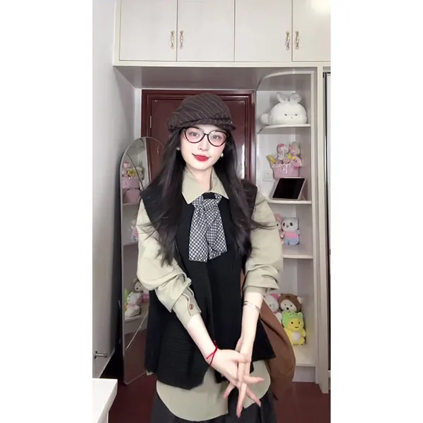 早秋穿搭一整套时尚高级感套装针织马甲叠穿长袖衬衫阔腿裤三件套