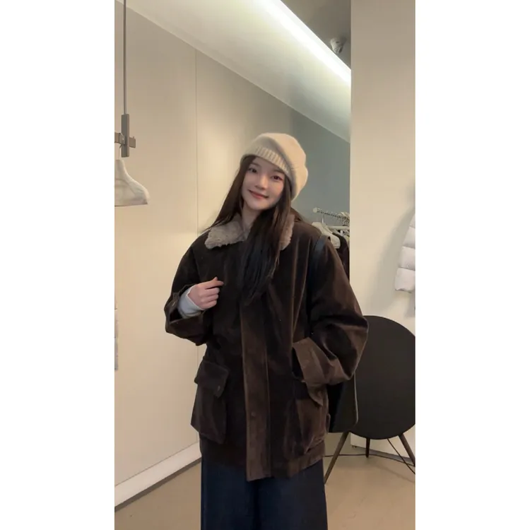 韩系复古美拉德拼羊毛领设计感腰部抽绳收腰羽绒服