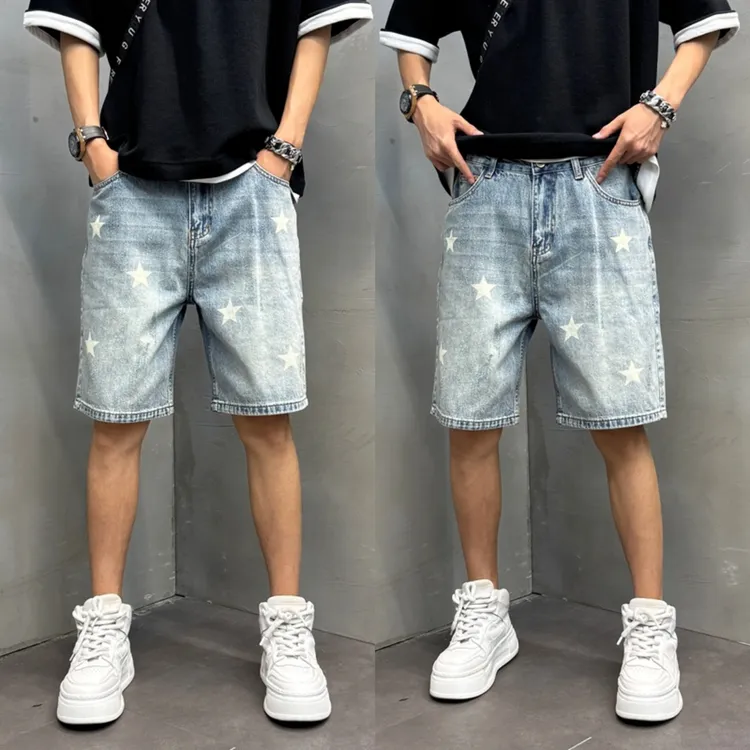 高端星星印花牛仔短裤男款美式潮牌宽松五分裤复古水洗休闲中裤子