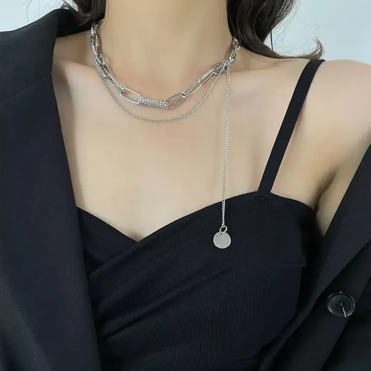合金项链 小众冷淡风简约圆片流苏双层项链女嘻哈百搭欧美锁骨链