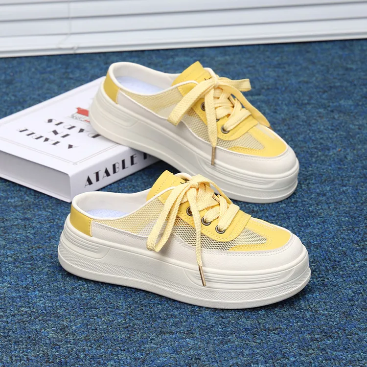 人本包头半托女2025秋季新款厚底增高懒人一脚蹬网面透气百搭女鞋