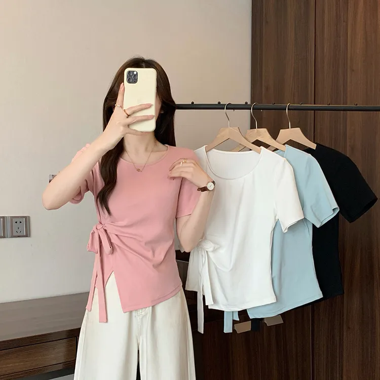 2025夏装新款胖mm大码女韩版圆领绑带不规则别致短袖T恤33787