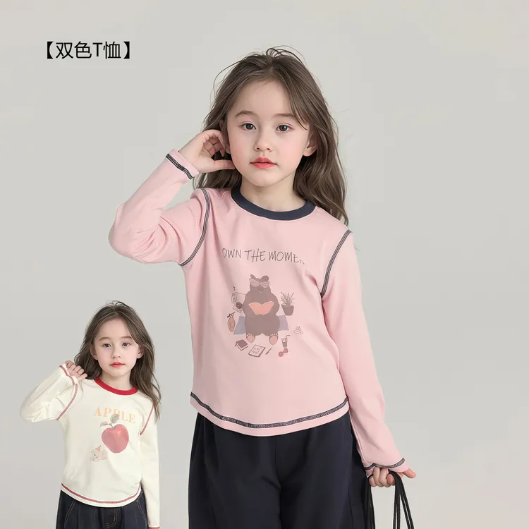 童泰仓女童秋款圆领卡通上衣莱卡棉印花长袖t恤宝宝休闲打底儿童