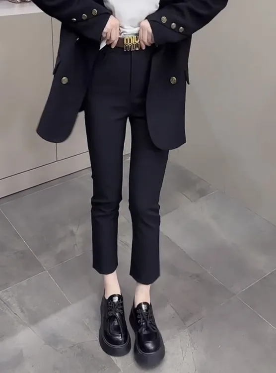 萱贝纯韩版气质百搭直筒休闲裤女2025秋季新款重工后扣窄版烟管裤