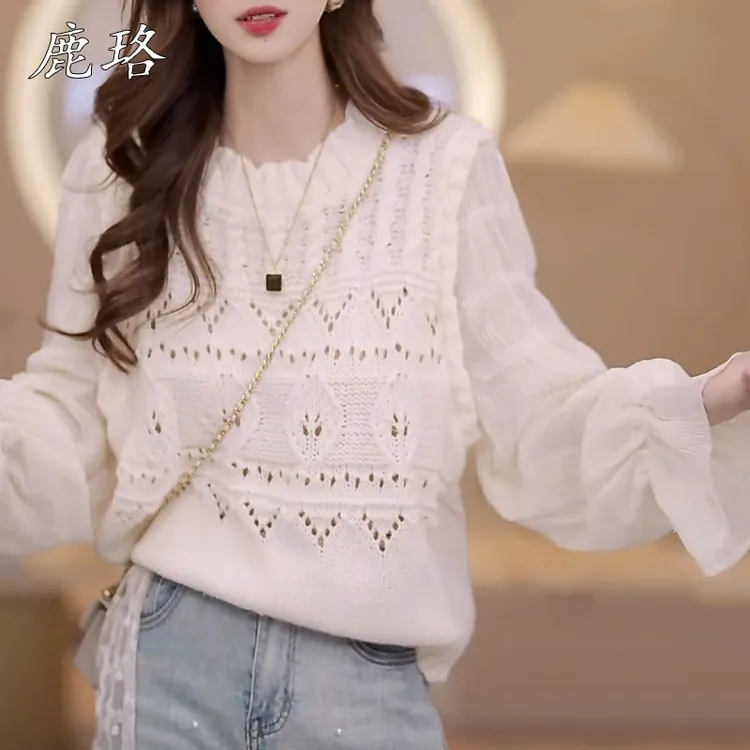 2025秋季假两件衬衫蕾丝拼接针织衫女圆领长袖气质上衣休闲小衫Y