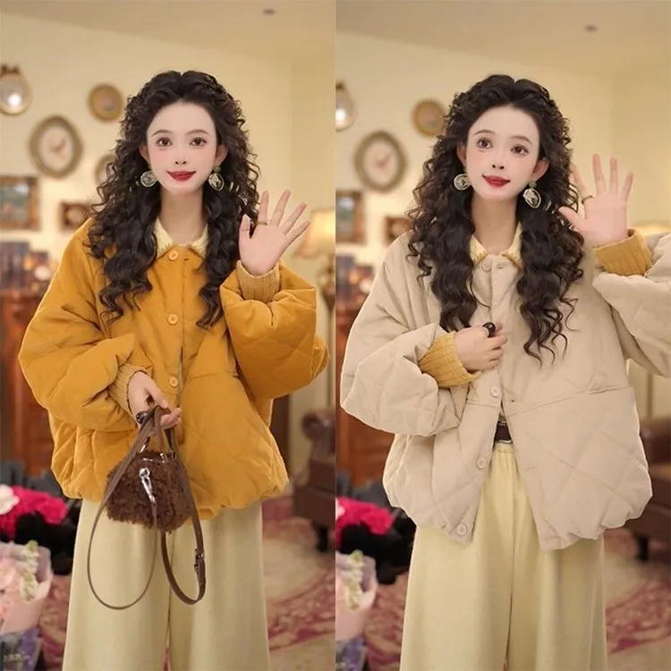 【现货+运费险】百搭菱格棉服外套女2025秋冬新款灯芯绒轻薄棉衣女