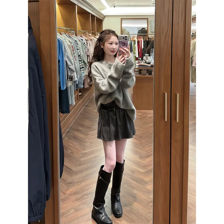 韩系慵懒套头毛衣女高级感早秋冬季外穿针织衫上衣显瘦百褶半身裙