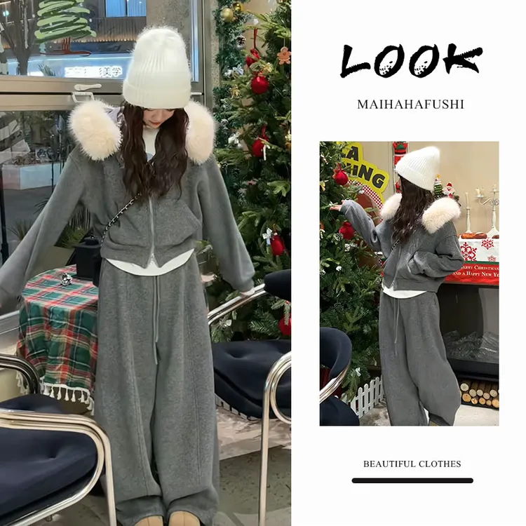 秋冬一整套女装2026新款韩版连帽拉链卫衣外套休闲阔腿裤两件套装