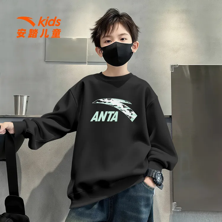 安踏儿童卫衣男童2026春季新款圆领长袖套头衫大童运动宽松上衣潮