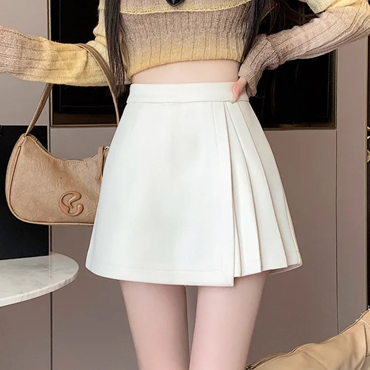 毛呢百褶裙裤女秋冬季2025新款短裤裙天不规则白色靴裤高腰半身裙