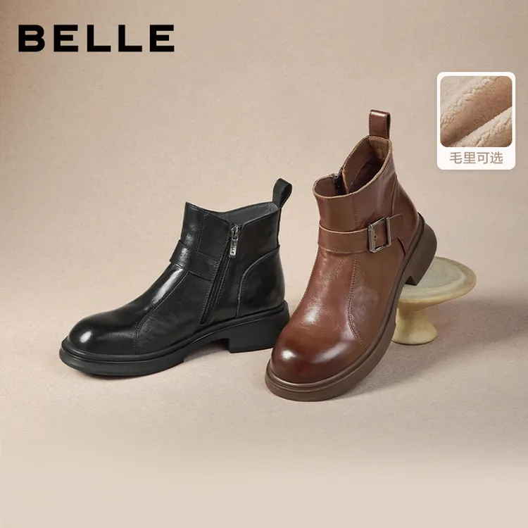 百丽复古加绒时装靴女鞋25冬季新品商场同款厚底增高百搭真皮短靴