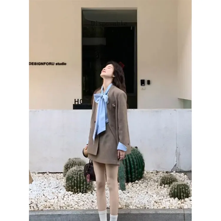 韩系时尚小香风内搭绑带打底上衣宽松长袖西装外套高腰休闲短裙女