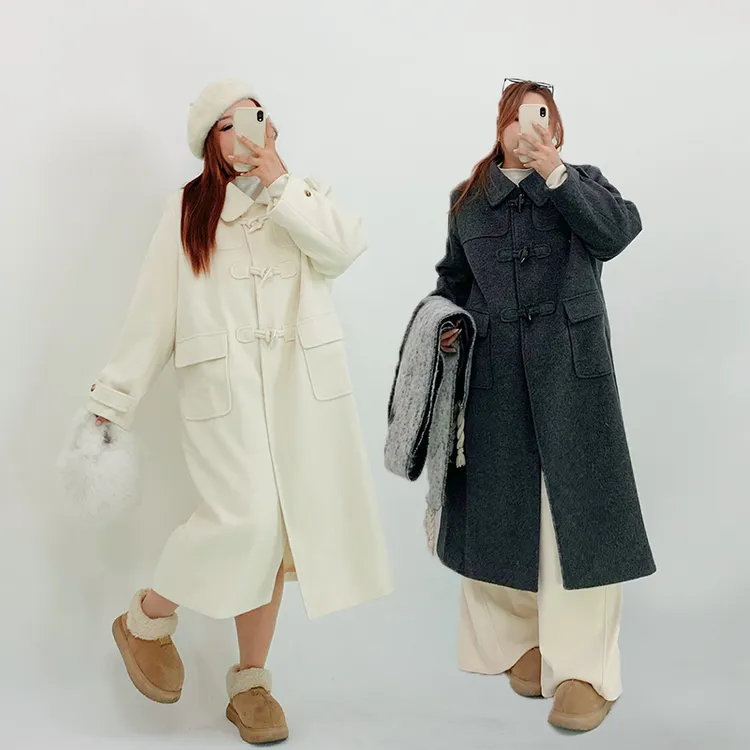 Milu家大码女装冬季甜美学院风牛角扣呢子大衣胖mm中长款毛呢外套