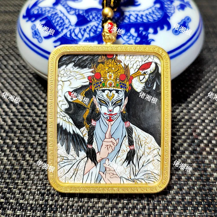 黄铜玻璃吊坠 复古唐卡吊坠纯手绘白鹤童子挂坠双面手工项坠定制