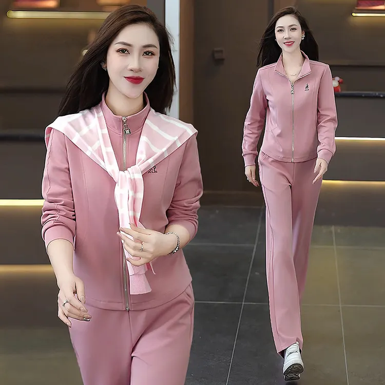 纯色宽松气质休闲运动套装女2025春秋新款显瘦减龄卫衣跑步三件套