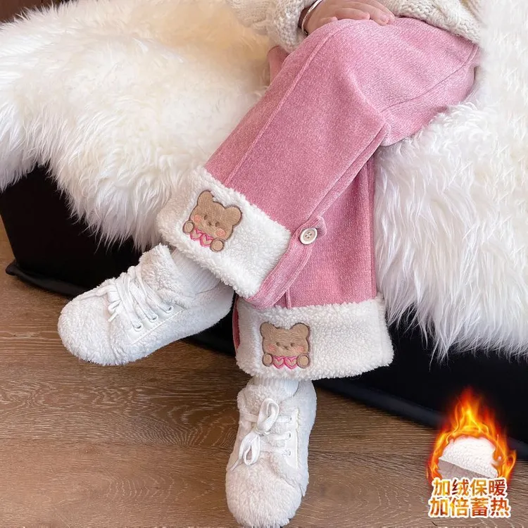 女童冬季加绒加厚阔腿直筒长裤保暖洋气外穿休闲裤宝宝儿童裤子