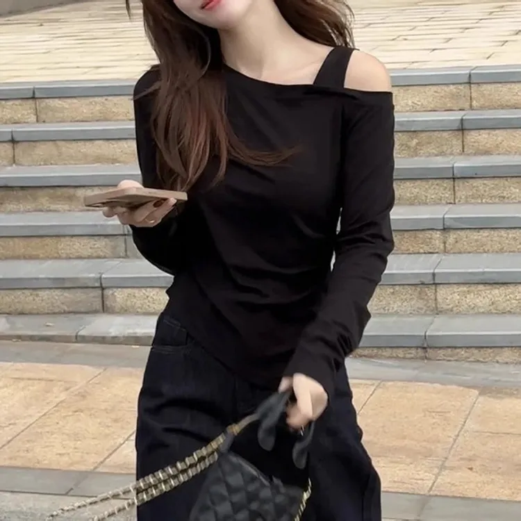 大码微胖洋气长袖T恤女装秋季胖MM小众修身体恤显瘦斜肩上衣外穿