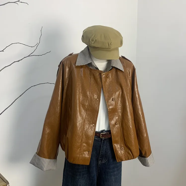 百搭秋冬拉风夹克拼接POLO领复古女士皮衣宽松短款拼接时尚休闲