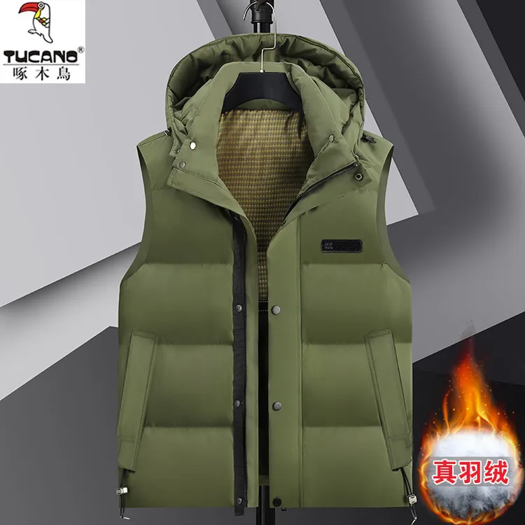 啄木鸟男女士羽绒马甲短款可脱帽薄鸭绒无袖马夹加大码胖人大肚子