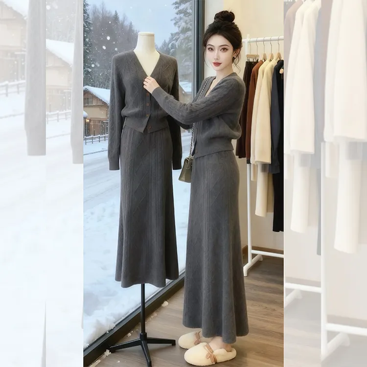 冬季炸街一整套女装洋气衣服穿搭灰色绞花针织衫毛衣半身裙两件套