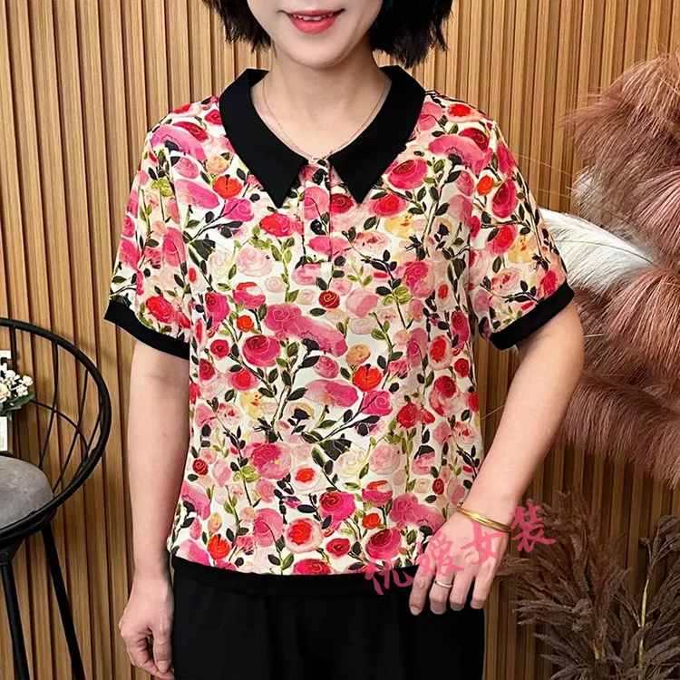 妈妈装夏季时尚花朵印花翻领小衫休闲宽松显瘦中老年女装短袖上衣
