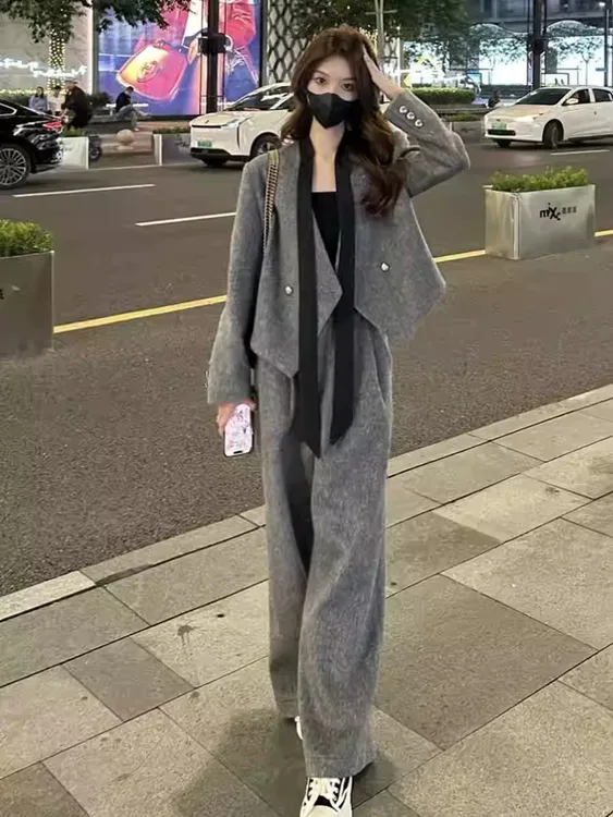 【梨泰院】300斤大码胖mm显瘦遮肉气质高级毛呢套装宽松2025秋冬新