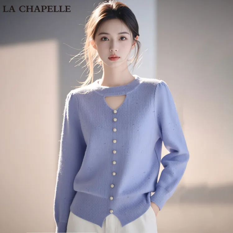 拉夏贝尔高级感气质时尚镂空针织衫女2026早春新款洋气甜美风毛衣