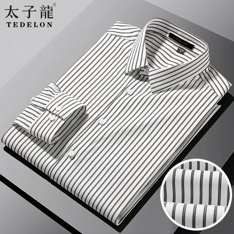 TEDELON/太子龙男士长袖条纹衬衫春秋季轻商务色织修身衬衣男装