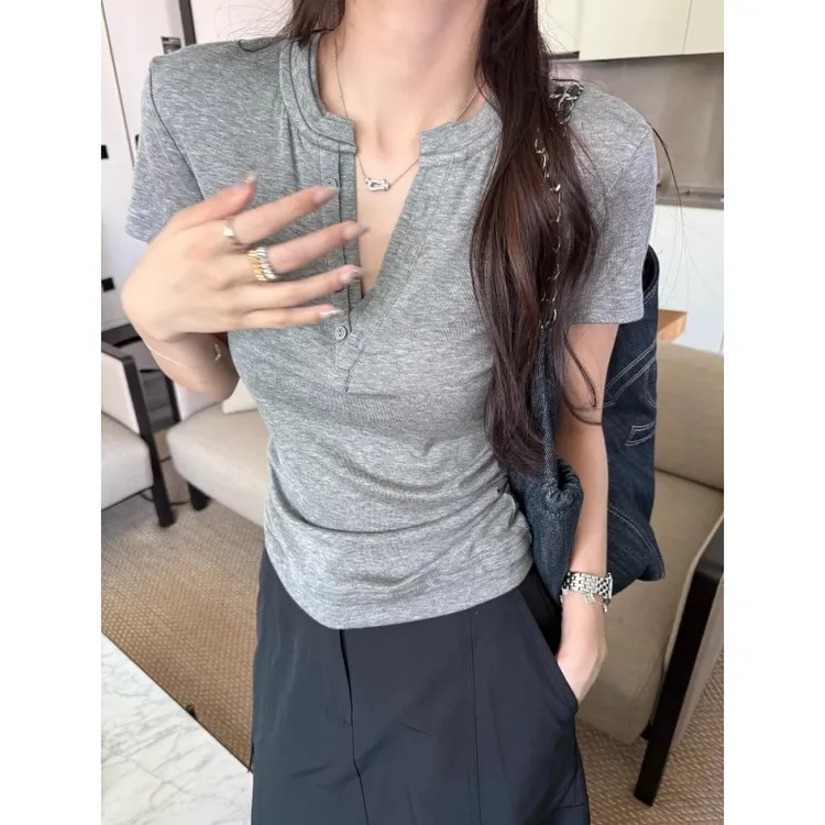 灰色v领短袖t恤打底衫女夏季设计感修身独特漂亮掐腰上衣显瘦正肩