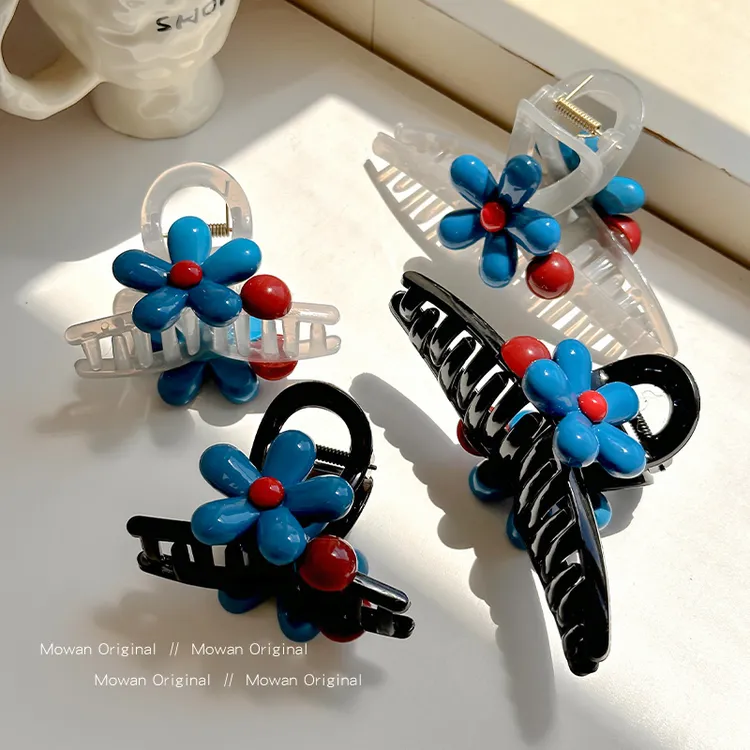 蓝色花朵仿珍珠发夹女2025新款高端后脑勺鲨鱼夹头饰发卡夹子发饰