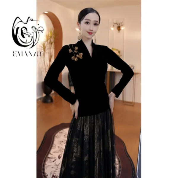 E6186依曼之舞刺绣丝绒异域风情显瘦气质修身百搭新疆舞服（达）